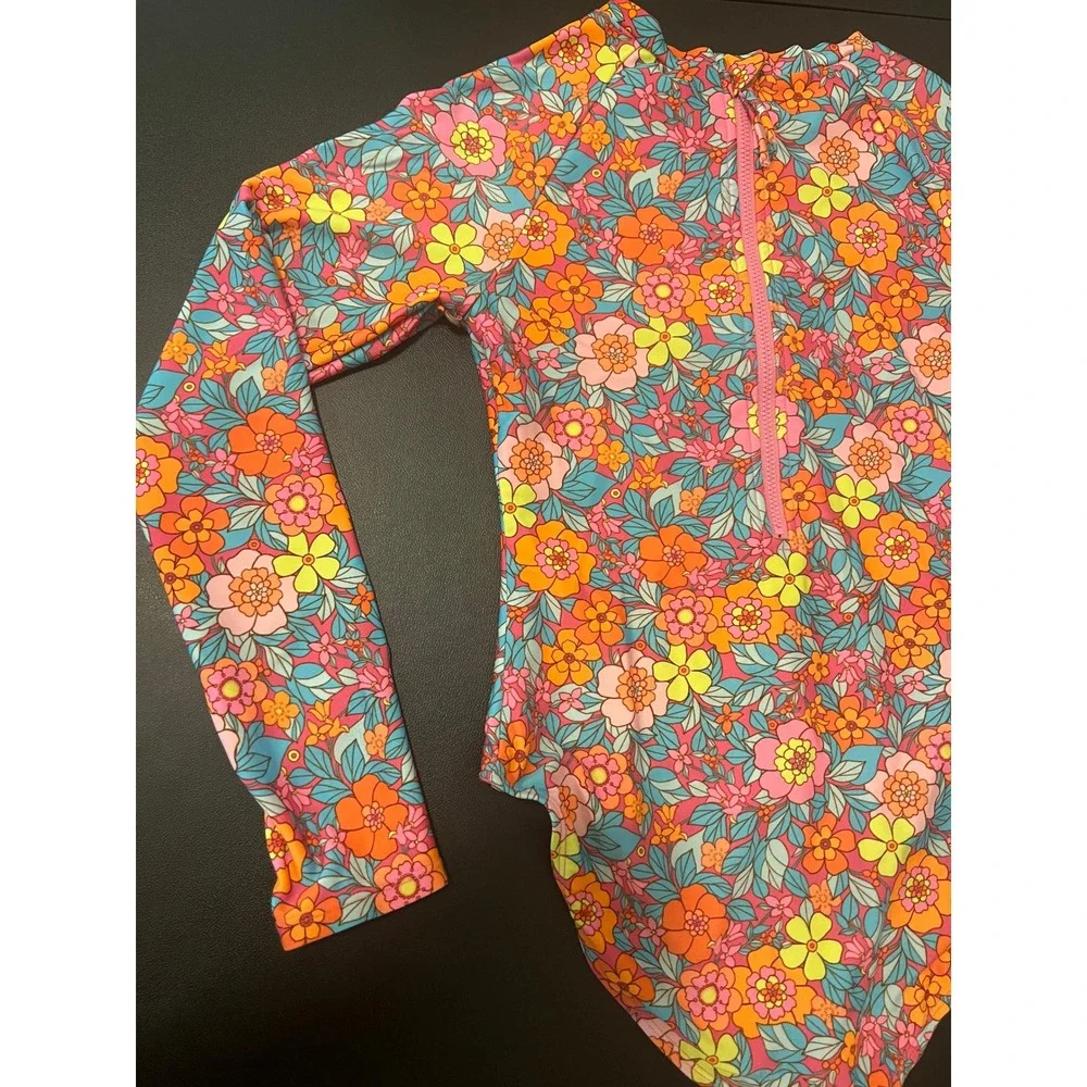 Cat & Jack Swimsuit Girls L 10/12 Pink Orange Floral Long Sleeve One Piece 1630